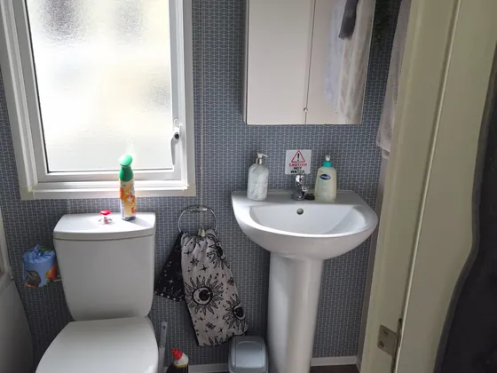 Bathroom basin with mirror cabinet and storage.