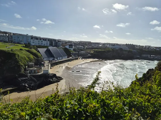 Scenic cove and beach view in Newquay on the Cornish coast.